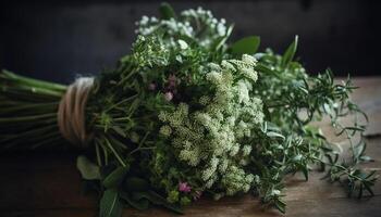 Organic bouquet of fresh flowers on table generated by AI photo