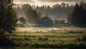 Tranquil scene of rustic farmhouse in meadow generated by AI photo