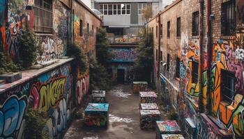 graffiti mural decorates old building exterior generated by AI photo