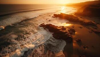 Golden sunset over tranquil waters and rocky cliffs generated by AI photo