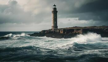 Faro guías buques mediante áspero huracán tormenta generado por ai foto