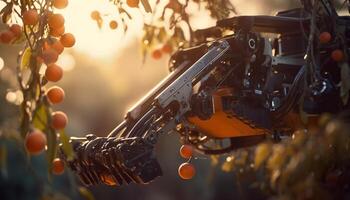 Steel machinery in agriculture working outdoors at sunset generated by AI photo