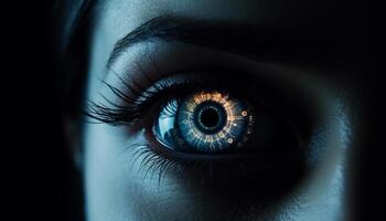 Blue iris staring, close up of woman eye generated by AI photo