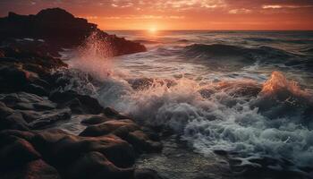 Sunset over rocky coastline, waves splashing tranquilly generated by AI photo