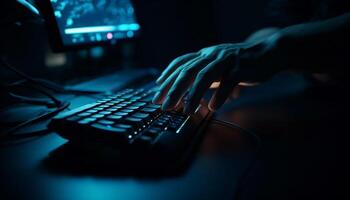One person typing on computer keyboard at night generated by AI photo