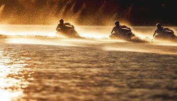 Two adults riding nautical vessel, spraying water generated by AI photo