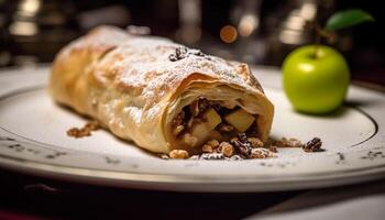 Freshly baked apple strudel on gourmet plate generated by AI photo