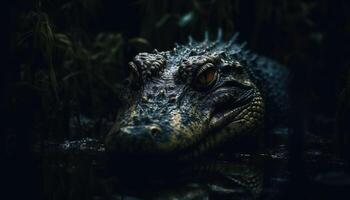 Green alligator hides in swampy wetland forest generated by AI photo