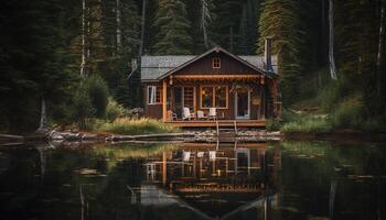 Rustic log cabin nestled in tranquil forest generated by AI photo