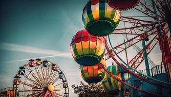 Spinning carnival wheel illuminates vibrant night colors generated by AI photo