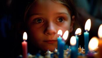 One cute child smiling, holding glowing candle generated by AI photo