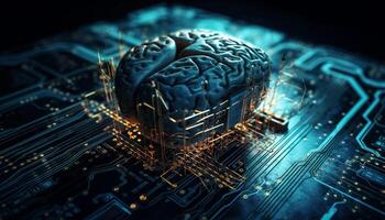 brillante circuito junta, complejo cyborg cerebro diseño generado por ai foto
