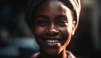 Young African woman smiling with confidence outdoors generated by AI photo