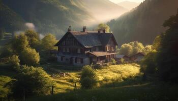 Rustic chapel atop mountain range at sunset generated by AI photo