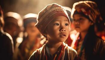 Smiling group of people celebrate traditional festival outdoors generated by AI photo