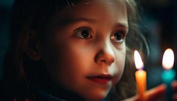 sonriente caucásico niña mirando a vela fuego generado por ai foto