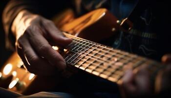 Caucasian guitarist playing acoustic guitar, plucking strings generated by AI photo