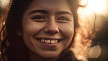 joven mujer sonriente con confianza en naturaleza generado por ai foto