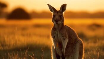 Wallaby en pie en prado a oscuridad, retroiluminado generado por ai foto