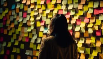 Young businesswoman brainstorming sticky note ideas at night generated by AI photo