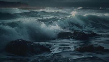 Breaking waves crash against rocky coastline, splashing spray generated by AI photo