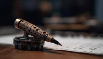 Antique fountain pen on wooden desk surface generated by AI photo