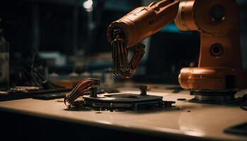 Futuristic robotic arm turning metal in workshop generated by AI photo