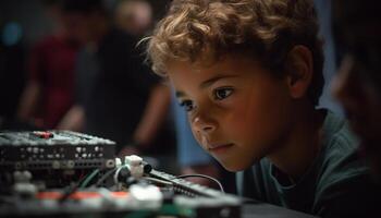 Caucasian schoolboy engineer repairing computer equipment indoors generated by AI photo