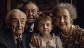 multi Generacion familia sonriente, mirando a cámara felizmente generado por ai foto