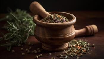 Organic herbs and spices in wooden bowl generated by AI photo
