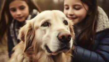 linda niña y juguetón perrito compartir amor al aire libre generado por ai foto