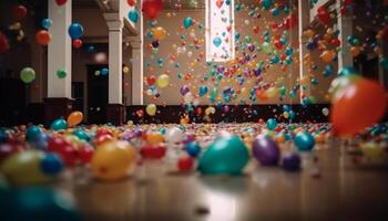 Vibrant decorations, balloons, confetti, and fun abound generated by AI photo