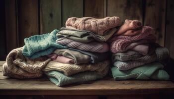 Woolen cardigans stacked on rustic wooden table generated by AI photo