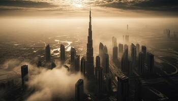 Futuristic skyline reflects in water at dusk generated by AI photo