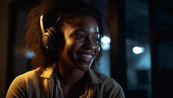 joven africano mujer sonriente, escuchando a auriculares generado por ai foto