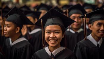 multi étnico grupo sonriente en graduación ceremonia al aire libre generado por ai foto