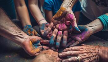 Hands holding wet paint, creating colorful pottery generated by AI photo