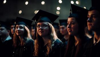 joven adultos celebrar éxito en graduación ceremonia generado por ai foto