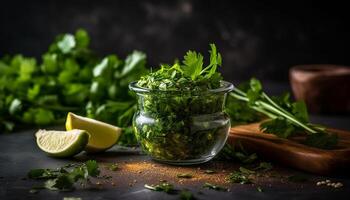 Healthy green salad with organic herbs and spices generated by AI photo