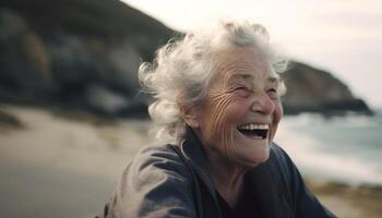 uno alegre mayor mujer disfrutando naturaleza belleza generado por ai foto