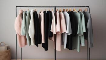 Fashionable clothing collection hanging in modern boutique generated by AI photo