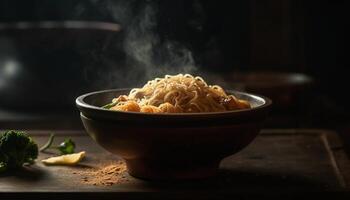 Fresh vegetable soup cooked in rustic crockery generated by AI photo