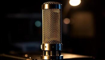 Shiny chrome microphone glows under nightclub spotlight generated by AI photo