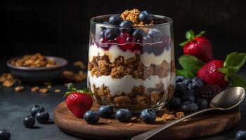 Fresh berry parfait with granola and yogurt generated by AI photo