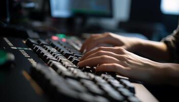 Expert sound engineer mixing music on computer equipment generated by AI photo