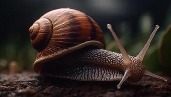 Slimy snail crawling on green plant outdoors generated by AI photo