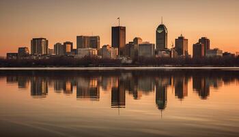 Skyscrapers reflect vibrant sunset on tranquil waterfront generated by AI photo