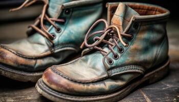 Leather hiking boots, worn and weathered generated by AI photo