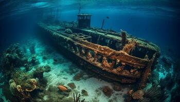 Exploring shipwreck reveals stunning sea life landscape generated by AI photo