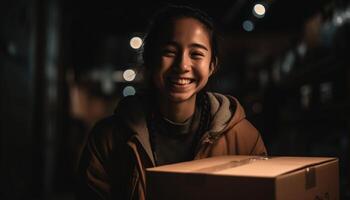 adultos sonriente en el iluminado ciudad noche generado por ai foto